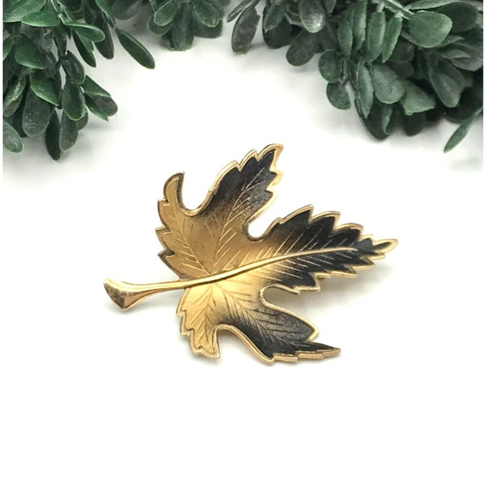 Vintage Gold Tone Leaf Brooch Pin With Black Enamel Detailing